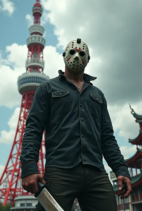 A realistic depiction of Friday Jason,In front of Tokyo Tower,
