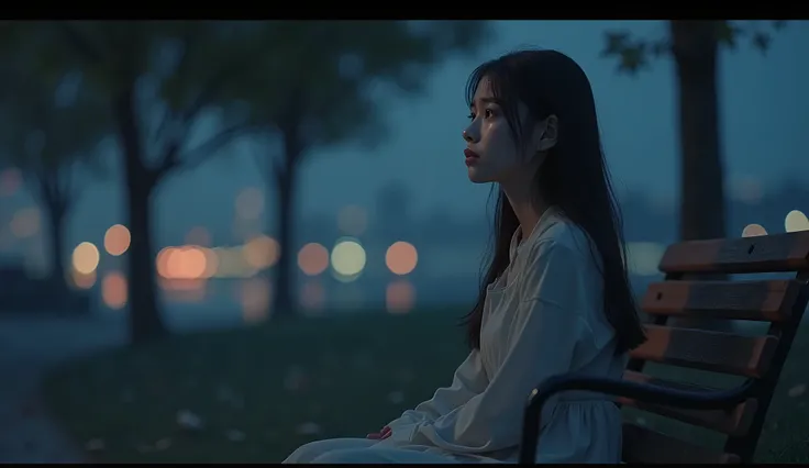 "A close-up of a young woman sitting alone on a wooden bench in a quiet park at night. Her expression is filled with deep sadness and longing, with tears glistening in her eyes as she gazes at the night sky. The soft glow of the moonlight highlights her de...