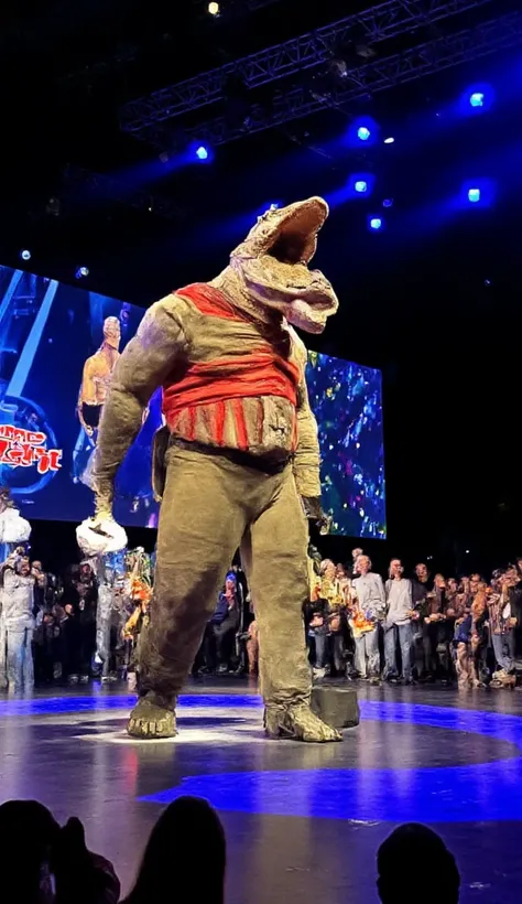 A creature with the head of a crocodile in the body of a muscular man, dressed as a superhero, walks on the stage of Americas Got Talent. Performing magic tricks.