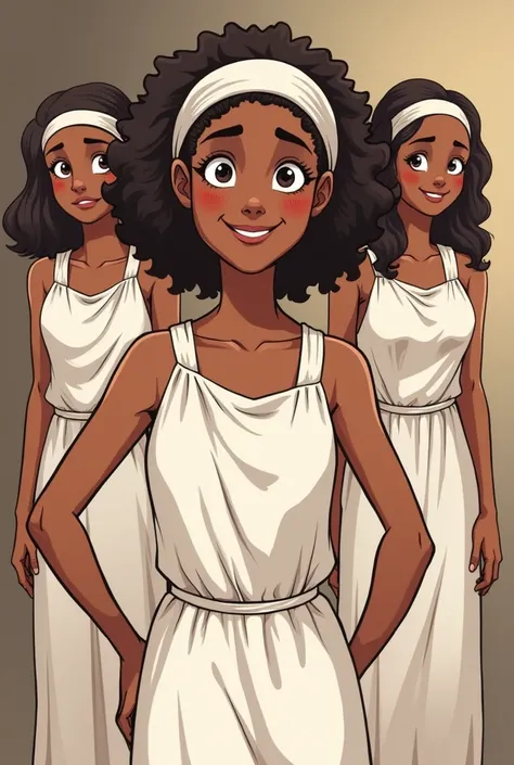 Portraits of several happy slaves aged 20 to 39 wearing white slave clothes in animated comic format 