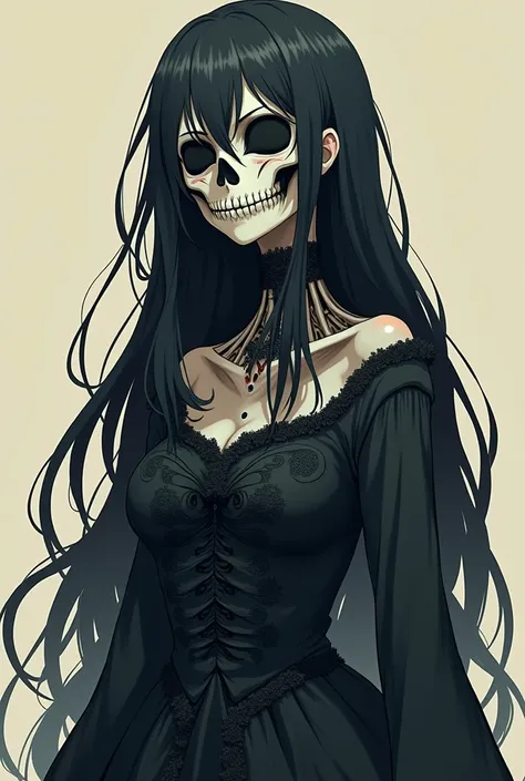 anime woman, flat coloring, with a skull instead of a face, long hair, dress
