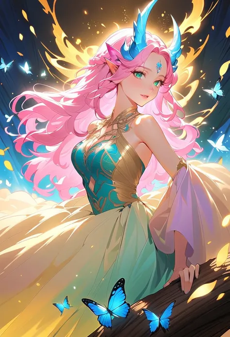 This character is a woman with a magical aura, mature and beautiful, seductive lips. Has long shiny bright pink hair, unique bright light blue horns resembling a dragon. Her sharp green eyes were shining, she was wearing a short, white, blue dress decorate...