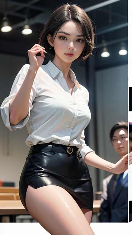  Masterpiece、 top quality、UHD,Hyperrealistic、Clear image、One person、Japanese female politicians、A breathtakingly beautiful face、red luxury tailored suit、British suit、 super mini tight skirt 、fine blouse 、、speech、 fashion model body type、 long foot、、Big Bre...