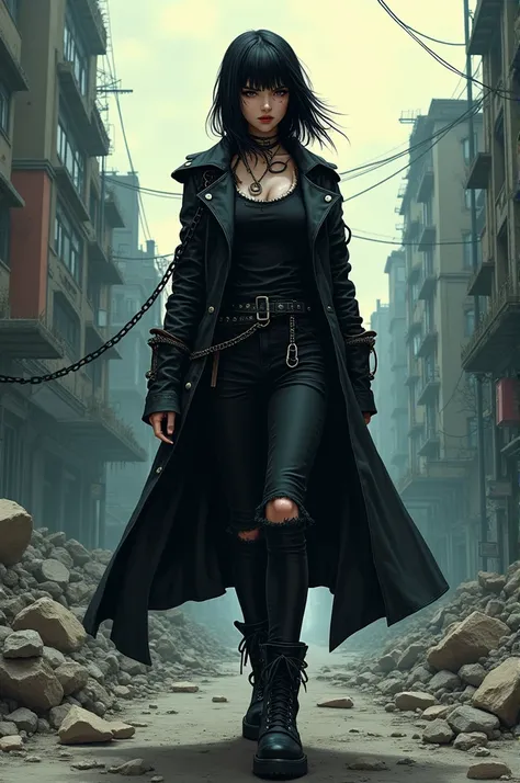  A 24-year-old girl with straight black hair above her shoulders . What to wear a black trench coat ,  a black pants torn around her knees and a black trench coat with chains and gothic boots.  In a post-apocalyptic city in manga style  