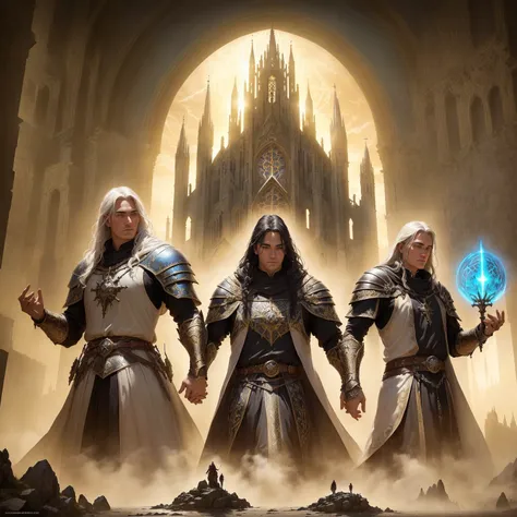 the cover of the elderling game, with two men standing in front of a castle, game key art, cathedral of sun, cover game art, fantasy game art, medieval fantasy game art, symmetrical epic fantasy art, gothic epic library, trinity, highly detailed fantasy ar...