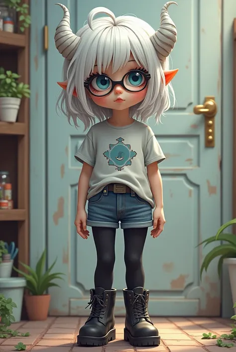 House, black tights, denim shorts , high-heeled boots , white hair, blue eyes,  Beautiful ,  in detail,  t-shirt , shirt ,little white horns , short stature ,unusual beauty ,adult,glasses, photorealistic 