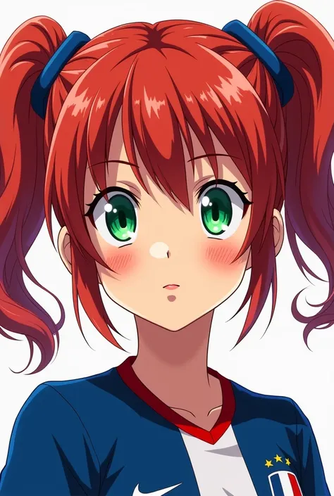  AN INTENSE RED-HAIRED GIRL WITH TWO PIGTAILS WITH EMERALD EYES WEARING THE SHIRT OF THE FRENCH NATIONAL SOCCER TEAM, anime illustration