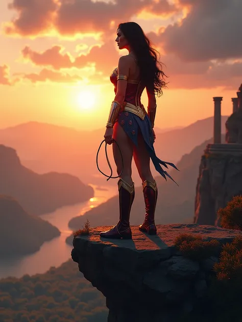 Visualize Wonder Woman standing majestically on a cliff edge, her silhouette sharply defined against the twilight sky. Her armor shines with the soft light of dawn, reflecting hues of gold and crimson. Behind her, a vast landscape unfolds, with mountains a...