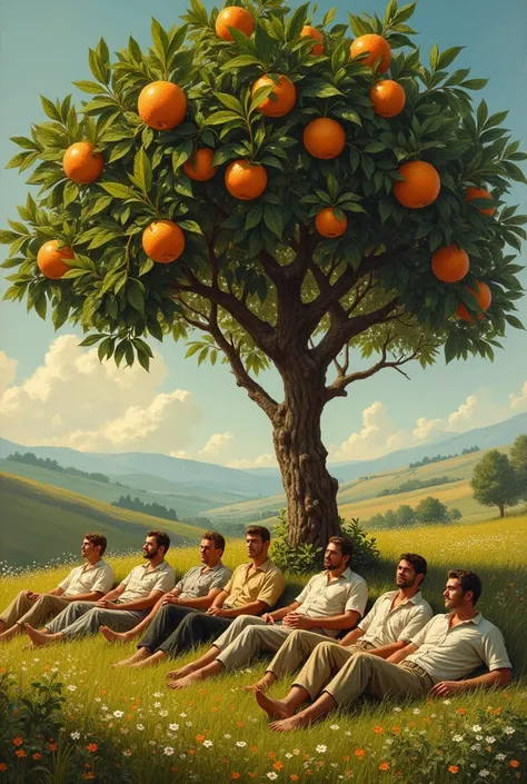 Grapefruit tree with 8 men lying under it, painting