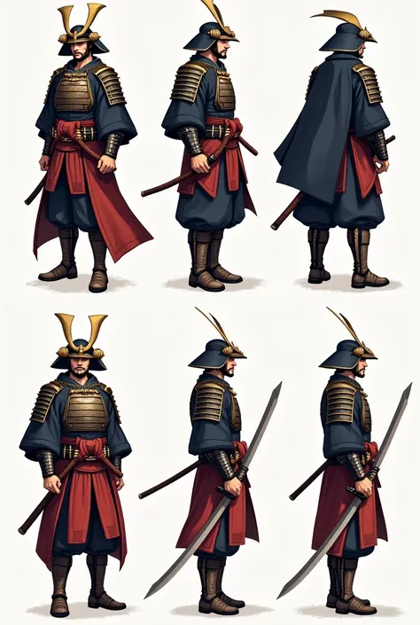 Un charset de samurai compatible avec RPG MAKER XP 
Un charset est une image divisée en 6 parties parfaitement égales présentant exactement le même personnage.
La première ligne montre le personnage marcher vers le bas, le mouvement est décomposé en 4 phas...