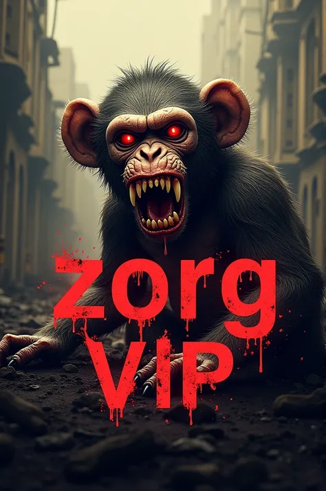 Logo with the words "Zorg" and "VIP", incluxe a zombie monkey, render in appocalypse theme