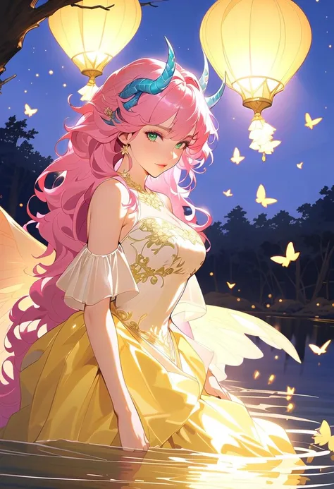 This character is a woman with a magical aura, mature and beautiful, seductive lips. Has long shiny bright pink hair, unique bright light blue horns resembling a dragon. Her sharp green eyes shone, she wore a short blue and white dress decorated with butte...