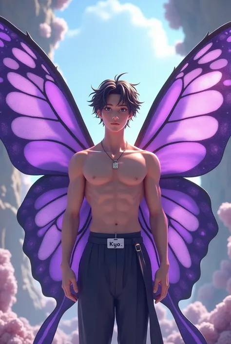 Create an image   a human with beautiful  purple butterfly  wings, make it a pretty male with a good body,add a name tag that  indicates  the name "kyo" make the style  a 3d anime