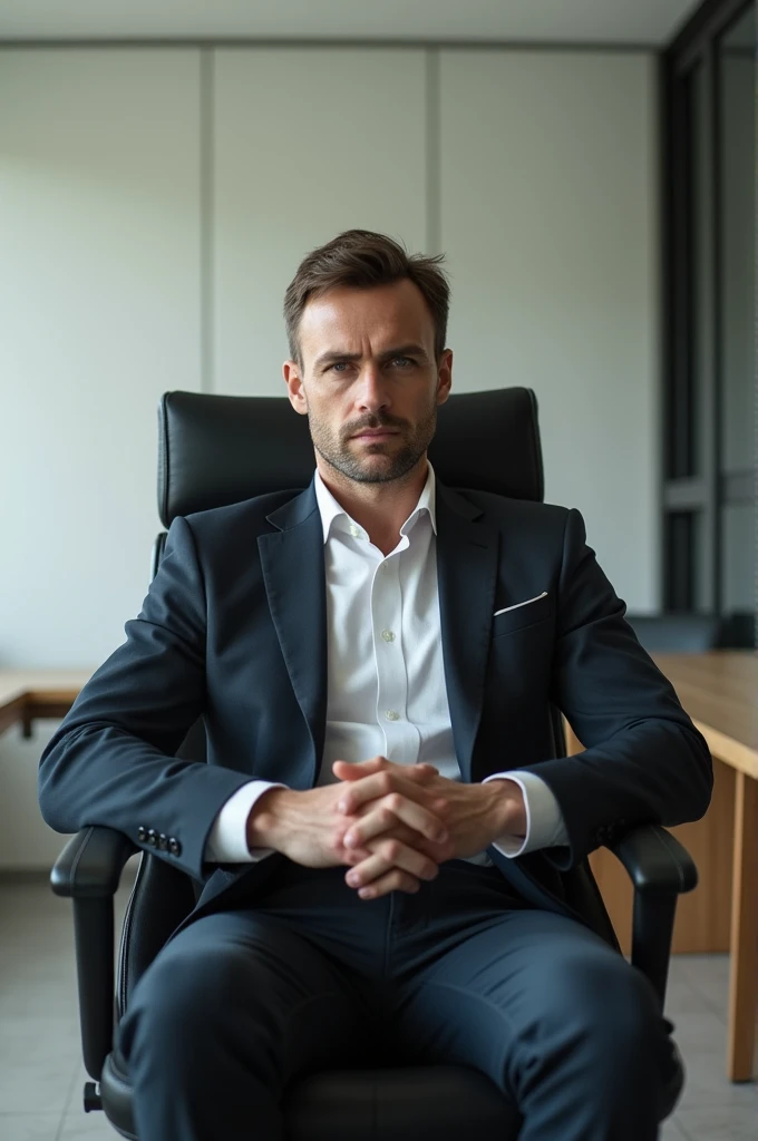 Front on view avatar of a man sitting on a office chair 