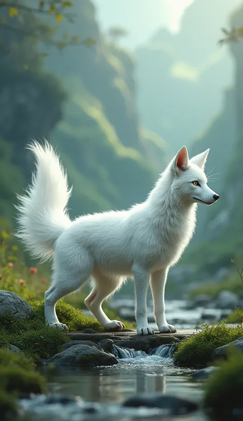 ((masterpiece,  top quality,  Highest image quality  ,  high res, Realistic,  original photo,  extremely detailed unified CG 8K wallpaper)), In the valley，Creek， a strange animal similar to a fox，Pure white hair ， has nine tails the same size on the back o...