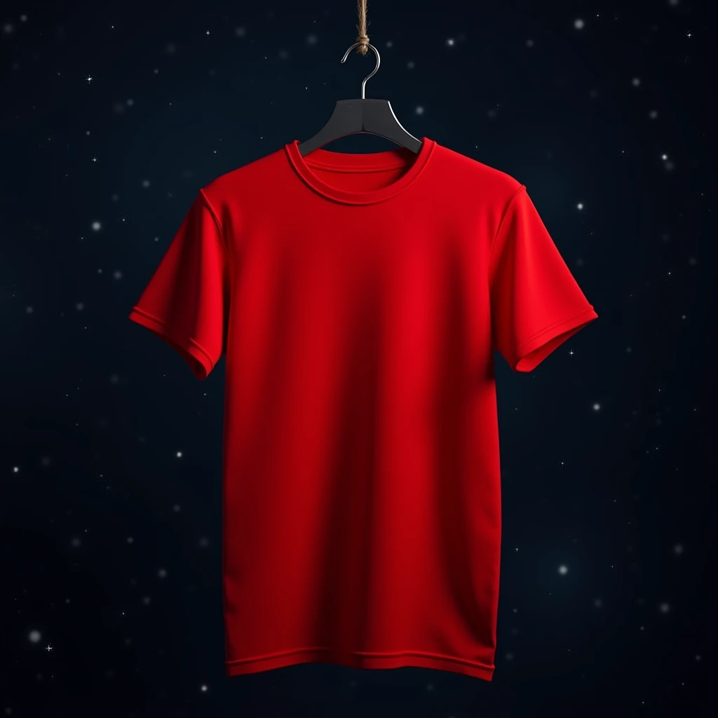 Close-up of an ultra-realistic photo of a red T-shirt displayed on a hanger with a red background 
Starry