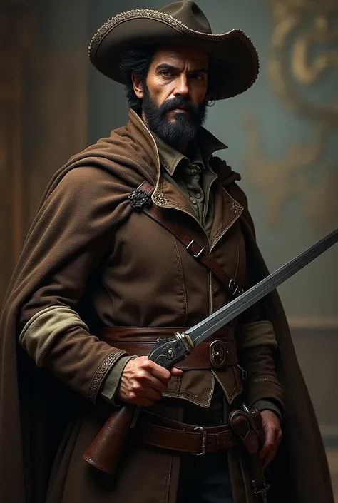 dark-haired, mustache, beard, Spanish complexion, brown duelists dress, cloak, musketeer hat, sword and pistol
