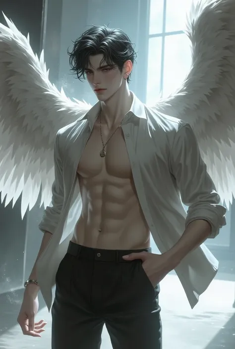 3D ANIMALS，A Victorias Secret male model，shirt and pants，The back has very beautiful wings，Gorgeous wings，Very gorgeous，from back：1.4，Strike a pose，