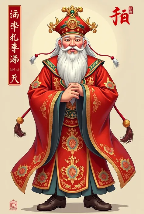 可愛elder舉著雙手抓著元寶並大聲咆嘯、small frame outline , Small、Fictional Character 、icon、elder,god of wealth, Red Chinese Costume