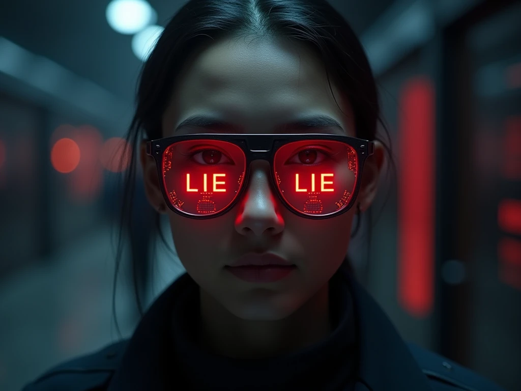 A person wearing "truth-detecting" glasses with a glowing red "LIE" sign.