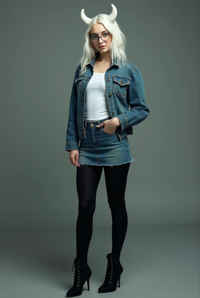 House, black tights, denim skirt , high-heeled boots , white hair, blue eyes,  Beautiful ,  in detail,  t-shirt , shirt ,little white horns , short stature ,unusual beauty , glasses , adult 