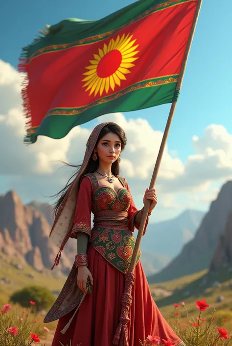 A 3d render of a disney pixar poster with  tkurdistan a kurdish woman clothese dress and she is holding a flag with red white yellow sun and green