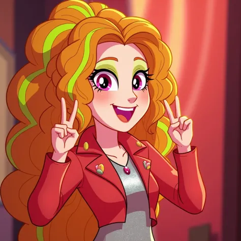 Adagio Dazzle from My little pony equestria girls, red jacket, silver shirt, Red neon room, smile, happy, open mouth like her talking, waving at me, my little pony equestria girls style, right side view, Looking directly at me with her eyes