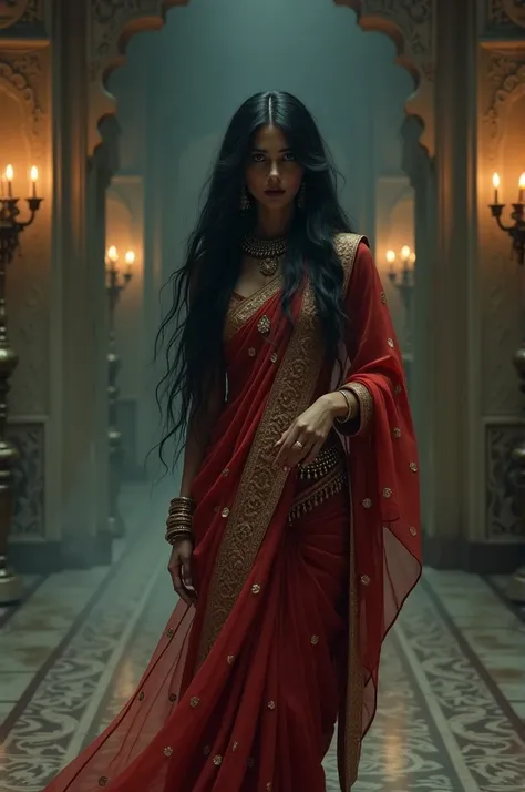 A hauntingly beautiful woman in traditional Indian attire from the 17th century, with an air of mystery and sadness. She wears a richly embroidered red and gold saree, her long black hair flowing freely, adorned with delicate jewelry. Her eyes are large, e...