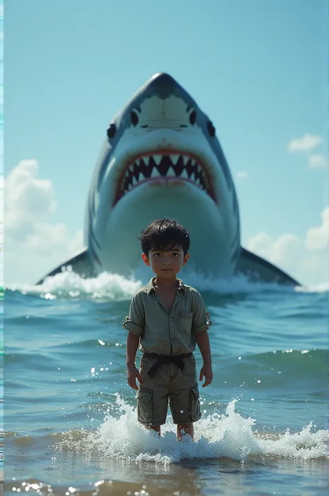 A boy standing in front of sea in sea is shark 