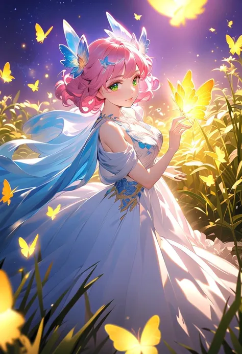 This character is a woman with a magical aura, mature and beautiful, seductive lips. Has long shiny bright pink hair, unique bright light blue horns resembling a dragon. Her sharp green eyes shone, she wore a short blue and white dress decorated with butte...