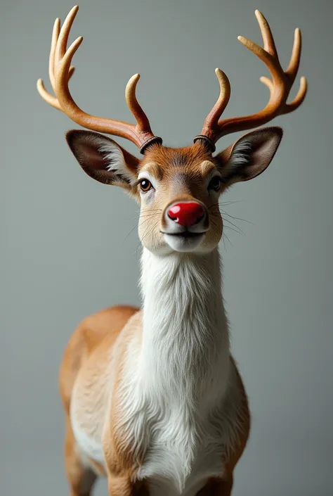  Hyperreal、photograph、Red-nosed reindeer up、Turn sideways and look slightly upward