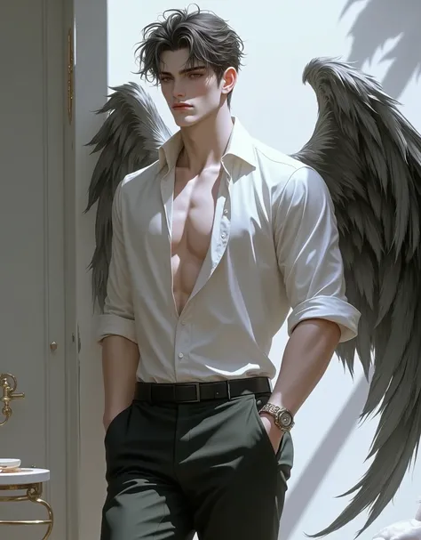 3D ANIMALS，A Victorias Secret male model，shirt and pants，The back has very beautiful wings，Gorgeous wings，Very gorgeous，from back：1.4，Strike a pose，