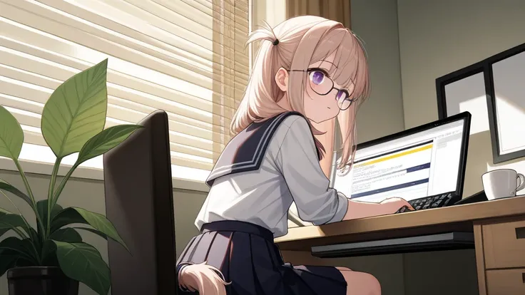 Masterpiece, 8k.uhd., hi-resolution, young girl with brown long twin tail hair, wearing glasses, purple eyes, school uniform, sitting and typing on a keyboard in an office with plants in the background, a cup of coffee, and a cat on the desk during dayligh...