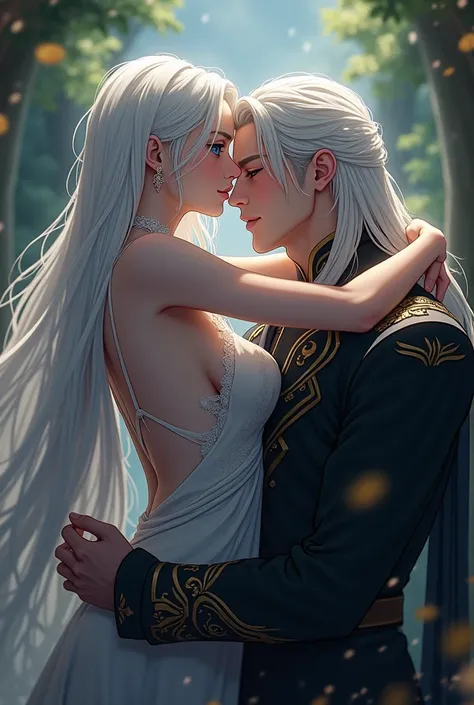 a handsome young man with long white hair embraces a woman, clear facial details, fine-grained film, careful shading, depth and texture emphasize the emotional saturation of the scene. Lighting creates a chiaroscuro effect, emphasizing the power of its exp...