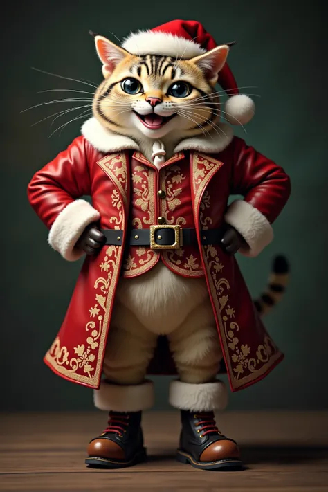 photorealistic portrait of Dressed animals - a ((fat)) (Cheshire cat) Santa Claus, (Art by Agnes Cecile:1.2),(Christmas theme),(cute),(happy smile:1.2), (elegant),(hands on hips:1.5), high quality,(lovely) ,(highly detailed Santa Claus costume:1.5),(Christ...