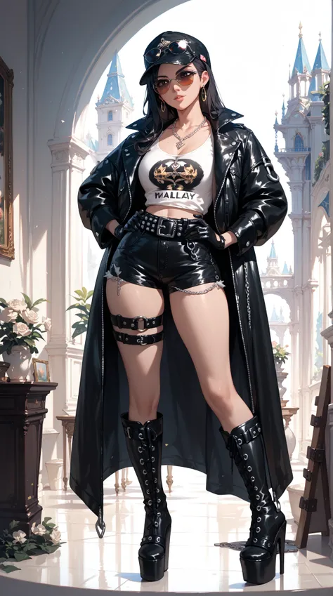 Full body painting　cap black short leather jacket　 necklace　 black leather hotpants 　 thick belt　 extra long platform thigh-high boots　Black gloves　 necklace　 large belt buckle　Tall, long-legged woman　Chain wallet 　 long dark hair 　 sunglasses　Hands on hip...