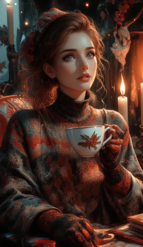 A beautiful woman with beautiful eyes:1.2, detailed eyes, beautiful full lips, highly detailed eyes and faces, long eyelashes, cute expression, smile, sitting:1.4, holding a cup of hot latte, homely background, Christmas sweater, fireplace, warm light, det...