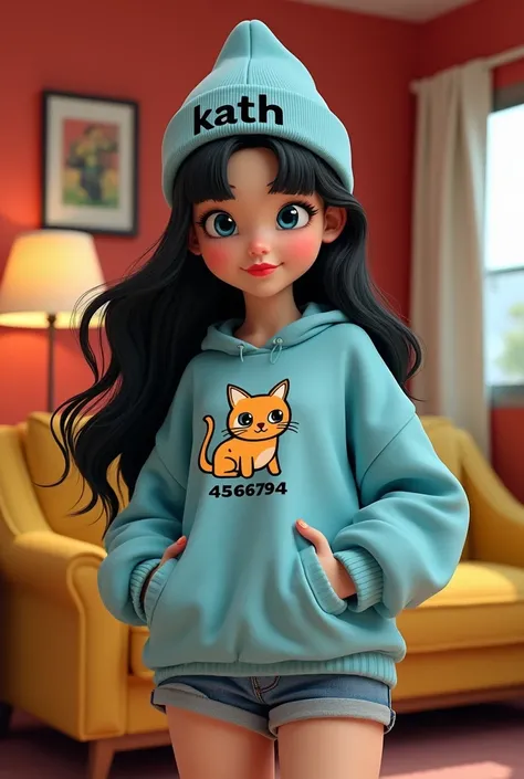 A 3D illustration of a 24 year old girl with vibrant, super long black hair. She has large, expressive blue eyes red lips, and a retro square hairstyle. The girl wears an oversized light blue sweater with a cute “CAT 45967942”  illustration and a soft blue...