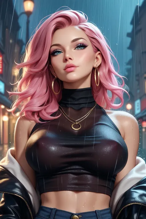 Focus on a blond woman. wearing a turtleneck crop top. Big breasts. Necklace. Earrings. Pink lips.  Sexy gaze. On a rainy night in the street. 