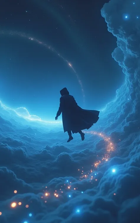 An enigmatic man wearing a hooded black trench coat flying through a galaxy faster than lightspeed 