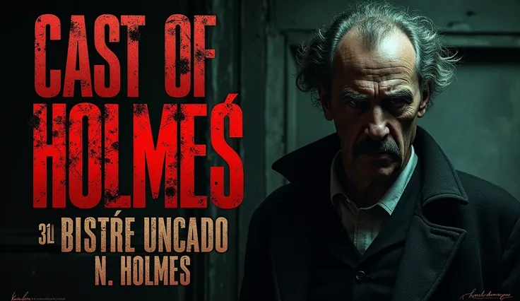  Thumbnail of realism for YouTube 4K in terrifying style : Una imagen de h.h. holmes,  the first serial killer in the United States ,  with an enigmatic and grim expression .  The dark background recreates the atmosphere of the famous  "Castillo de los hor...