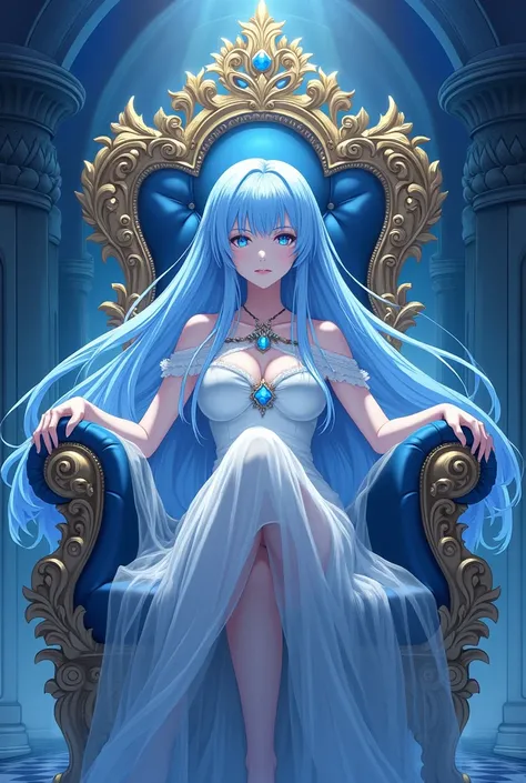 Make a novel cover of a girl with long, straight light blue hair and crystal blue eyes sitting on a magnificent throne with a sharp gaze and a firm expression. Please make it in anime Art.