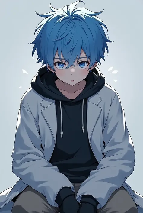 Sitting pose、serious face

Yamada sensei 、A person named 、20-year-old male、 blue hair、 blue eyes、 white skin 、 gray sweatshirt、 black hoodie、（ long white coat ）、Sleep science researcher 、 2-headed character、 long shot