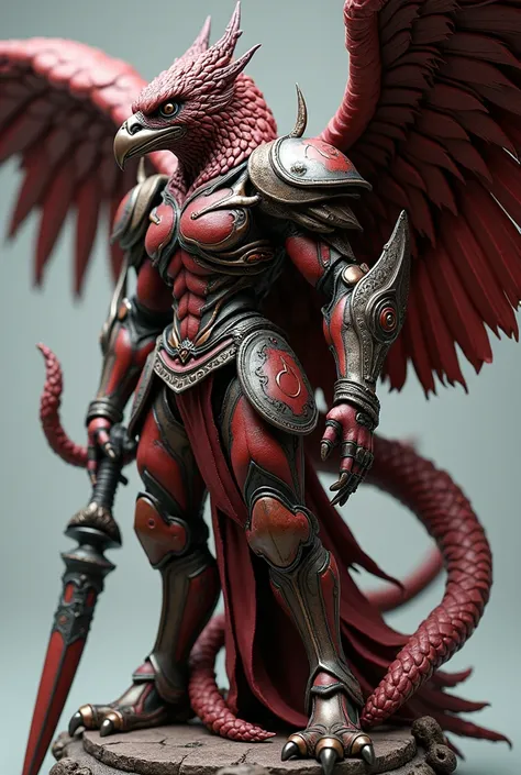 a detailed and intricate sculpture of a fantasy human-mecha-eagle creature, combining elements of various animals and fantasy beings, Korean womans head, humans mecha body, arms, torso, legs, shoulders armor, a menacing armored figure with eagle -like wing...