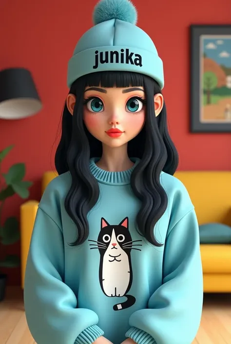 A 3D illustration of a 24 year old girl with vibrant, super long black hair. She has large, expressive blue eyes red lips, and a retro square hairstyle. The girl wears an oversized light blue sweater with a cute “CAT  46032658 ”  illustration and a soft bl...