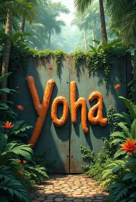 designing beautiful jungle Name written on wall "YOHA"