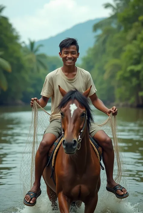 A young Indonesian man clearly shows his simple face smiling thinly wearing a T-shirt, shorts, flip flops riding a horse riding a fishnet over the Amazon river 