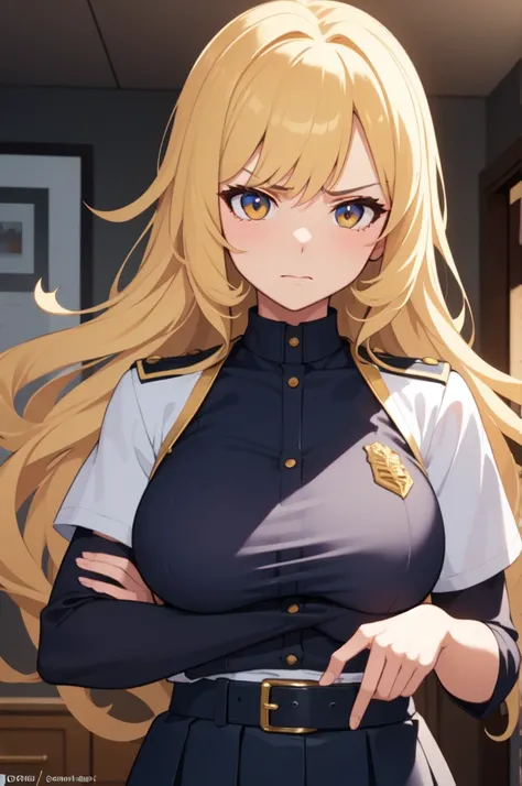 (( top quality)), ((masterpiece)), (  Details), （ First-Person Perspective ）Blonde　 semi-long hair　White student uniform　Big Breasts　golden sparkling eyes　Its like I puffed up my cheeks and got a little angry　