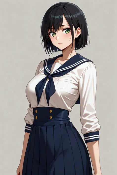 My name is Oyuki, a white woman with long, light black hair and my green eyes. I am 1.67 cm tall and my body has a curvy hourglass shape: 106 centimeters breasts, 60 centimeters waist and 180 centimeters hips.Dressed in a white short-sleeved sailor uniform...