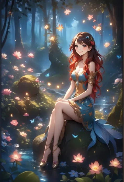 anime smiling girl sitting on a rock in a forest with flowers, smiling as a queen of fairies, beautiful fantasy anime, beautiful alluring anime woman, beautiful anime girl, anime fantasy artwork, anime fantasy illustration, beautiful anime woman, marin kit...